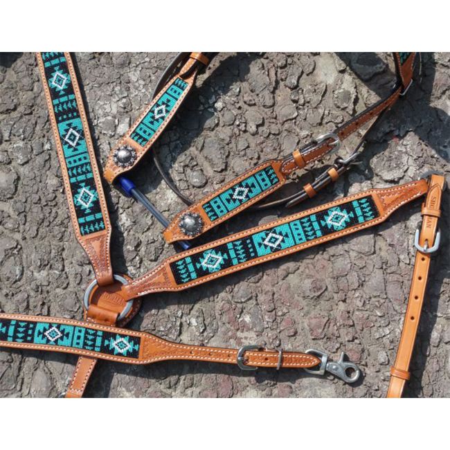 Showman Argentina Cow Leather 3-Piece Turquoise Aztec Beaded Browband Headstall & Breastcollar #3