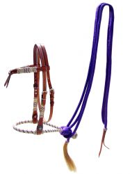 Showman leather futurity knot headstall with purple rawhide braided bosal and purple nylon mecate reins