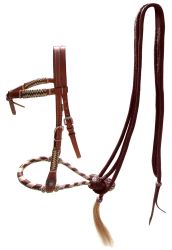 Showman leather futurity knot headstall with brown rawhide braided bosal and brown nylon mecate reins