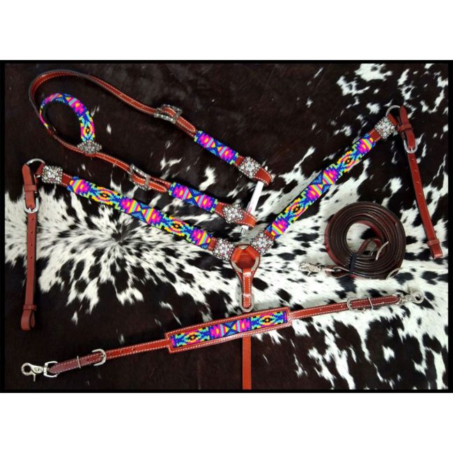 Showman 4-Piece Neon Tribal One Ear Headstall and Breastcollar Set #2