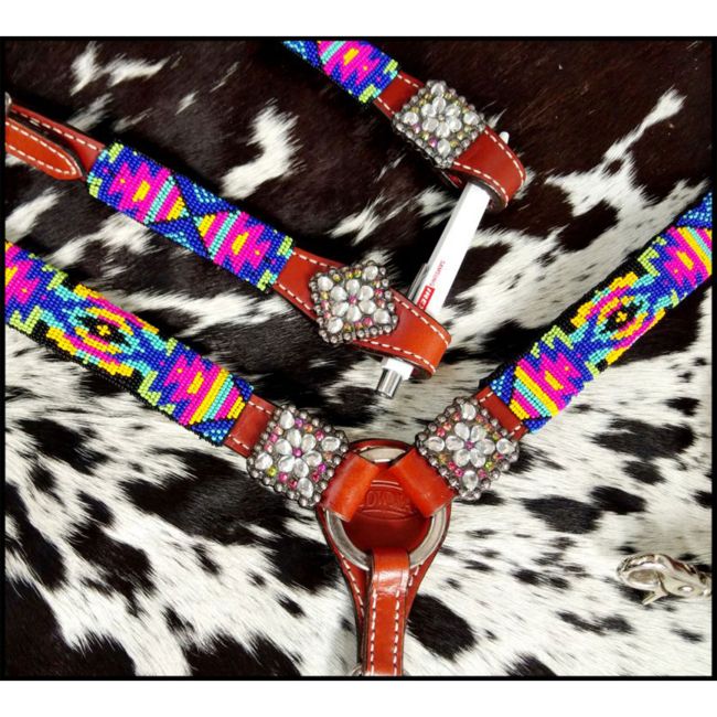 Showman 4-Piece Neon Tribal One Ear Headstall and Breastcollar Set #3