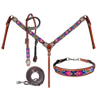 Showman 4-Piece Neon Tribal One Ear Headstall and Breastcollar Set