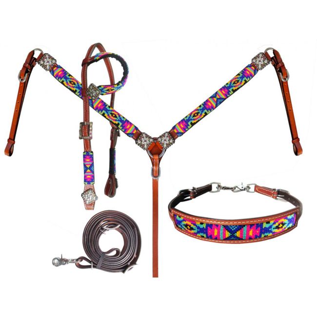 Showman 4-Piece Neon Tribal One Ear Headstall and Breastcollar Set