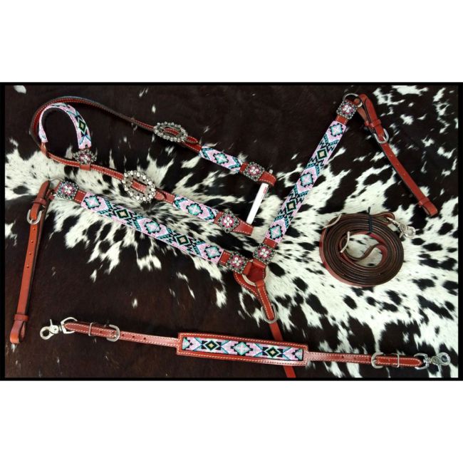 Showman 4-Piece Beaded Pastel One Ear Headstall and Breastcollar Set #2