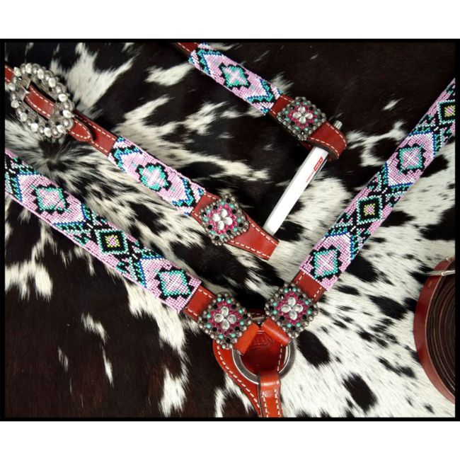 Showman 4-Piece Beaded Pastel One Ear Headstall and Breastcollar Set #3