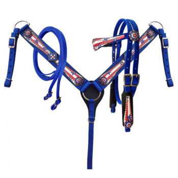 Showman Horse size nylon headstall and breast collar set with stars and stripes print overlay