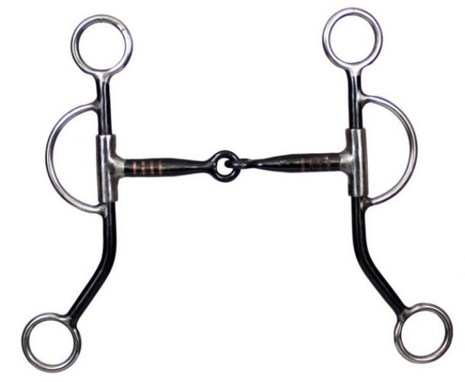 Showman stainless steel training snaffle bit with 8" cheeks. 5" sweet iron smooth snaffle mouth with copper inlay