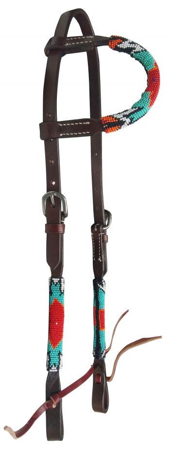 Showman Beaded one ear Argentina Cow Leather headstall with southwest design - red, teal, and orange