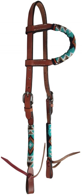 Showman Beaded one ear Argentina Cow Leather headstall with southwest design - tan and teal