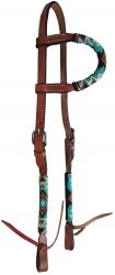 Showman Beaded one ear Argentina Cow Leather headstall with southwest design - tan and teal