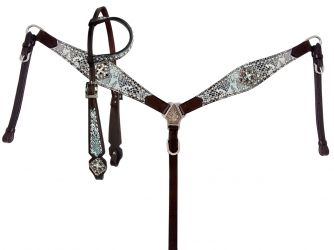 Leather Bridle & Breastcollar Set w/ TEAL Filigree Print & Crystal Conchos