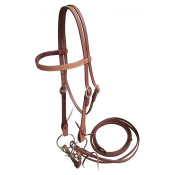 Showman Harness Leather Browband Headstall with O-Ring Snaffle Bit and Split Reins