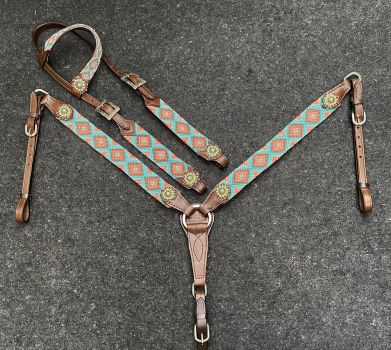 Showman Woven Fabric Southwest Overlay One Ear Headstall and Breastcollar Set #2