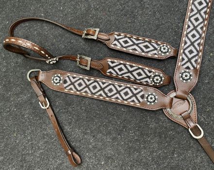 Showman Woven Fabric Southwest Overlay leather One Ear Headstall and Breastcollar Set #2