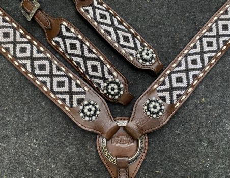 Showman Woven Fabric Southwest Overlay leather One Ear Headstall and Breastcollar Set #3
