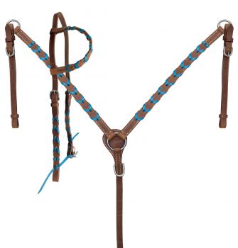 Showman Argentina cow harness leather one ear headstall and breast collar set with colored lacing. NO REINS #3