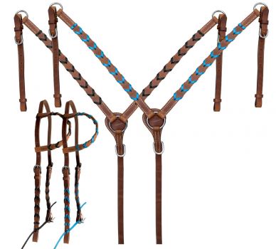 Showman Argentina cow harness leather one ear headstall and breast collar set with colored lacing. NO REINS