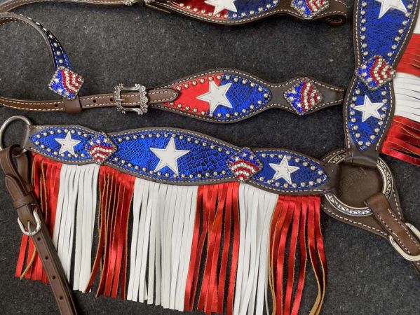Showman Medium Oil One Ear Bridle &amp; Breast Collar Red White and Blue patriotic fringe set #3