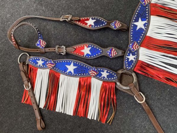 Showman Dark Oil One Ear Bridle &amp; Breast Collar Red White and Blue patriotic fringe set #4