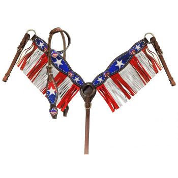Showman Dark Oil One Ear Bridle & Breast Collar Red White and Blue patriotic fringe set