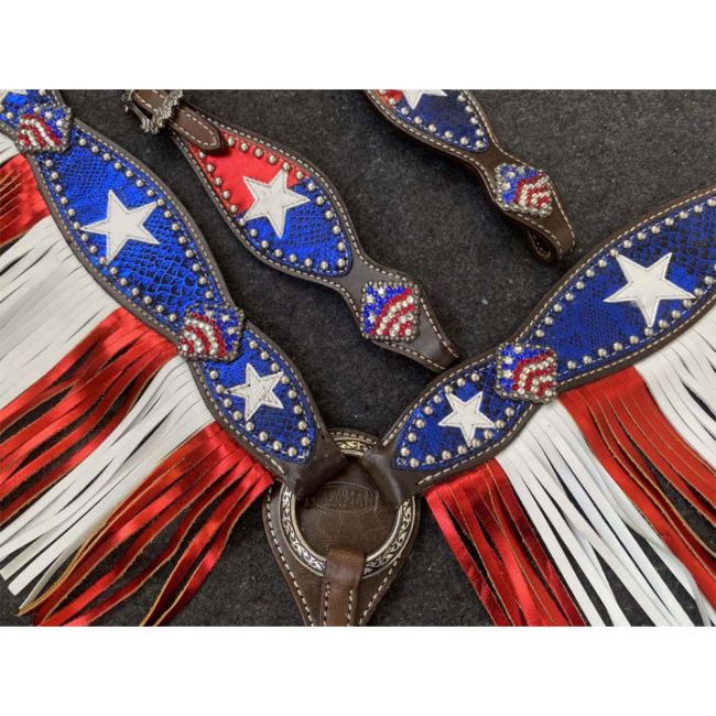 Showman Dark Oil One Ear Bridle &amp; Breast Collar Red White and Blue patriotic fringe set #2