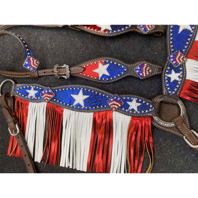 Showman Dark Oil One Ear Bridle &amp; Breast Collar Red White and Blue patriotic fringe set #3