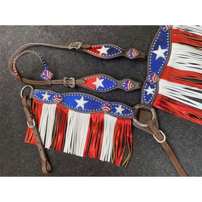 Showman Dark Oil One Ear Bridle &amp; Breast Collar Red White and Blue patriotic fringe set #4