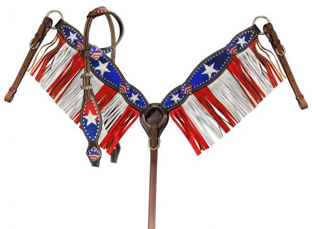 Showman Medium Oil One Ear Bridle &amp; Breast Collar Red White and Blue patriotic fringe set