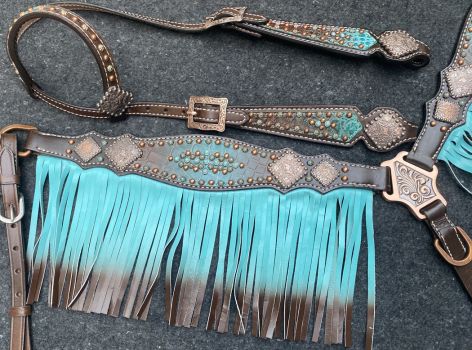 Showman Teal &#47; Brown Ombre Fringe tooled leather Headstall and Breast collar set with gator overlay accent &amp; beading #2