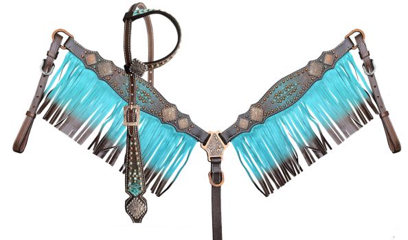 Showman Teal &#47; Brown Ombre Fringe tooled leather Headstall and Breast collar set with gator overlay accent &amp; beading