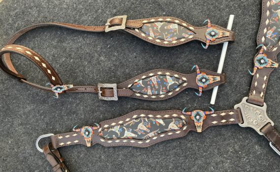 Showman Dark Oil Southwest inlay design cowskull leather One Ear Headstall and Breastcollar Set #2