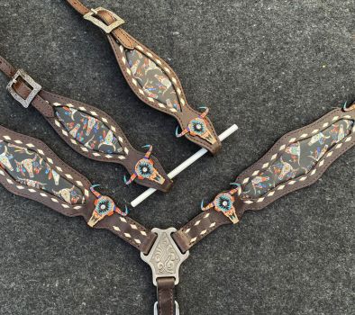 Showman Dark Oil Southwest inlay design cowskull leather One Ear Headstall and Breastcollar Set #3