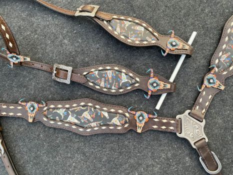 Showman Dark Oil Southwest inlay design cowskull leather One Ear Headstall and Breastcollar Set #4