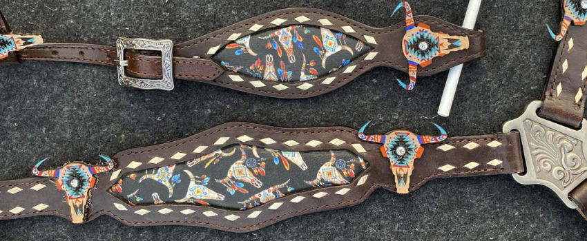 Showman Dark Oil Southwest inlay design cowskull leather One Ear Headstall and Breastcollar Set #5
