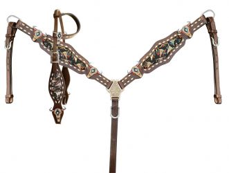 Showman Dark Oil Southwest inlay design cowskull leather One Ear Headstall and Breastcollar Set