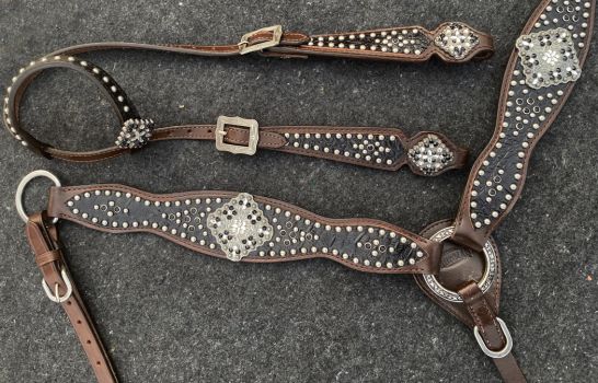 Showman Gator print inlay one ear headstall and breast collar set with silver and black beading #4