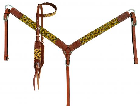 Showman Sunflower and Cheetah Print One Ear Headstall and Breastcollar Set