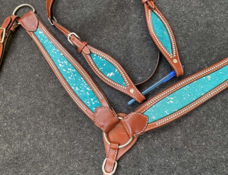 Showman Teal Acid wash Cowhide inlay Browband headstall and breast collar set #3