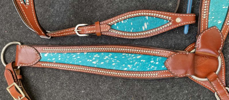 Showman Teal Acid wash Cowhide inlay Browband headstall and breast collar set #4
