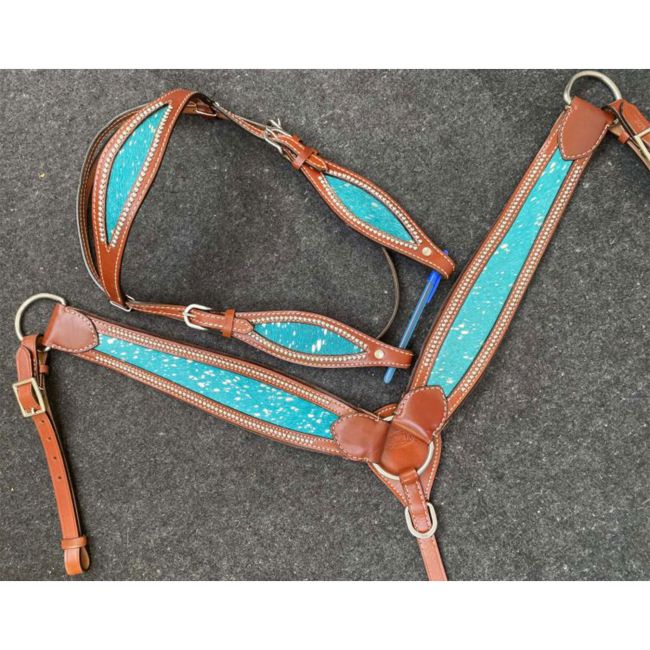Showman Teal Acid Wash Cowhide Browband Headstall and Breastcollar Set #2