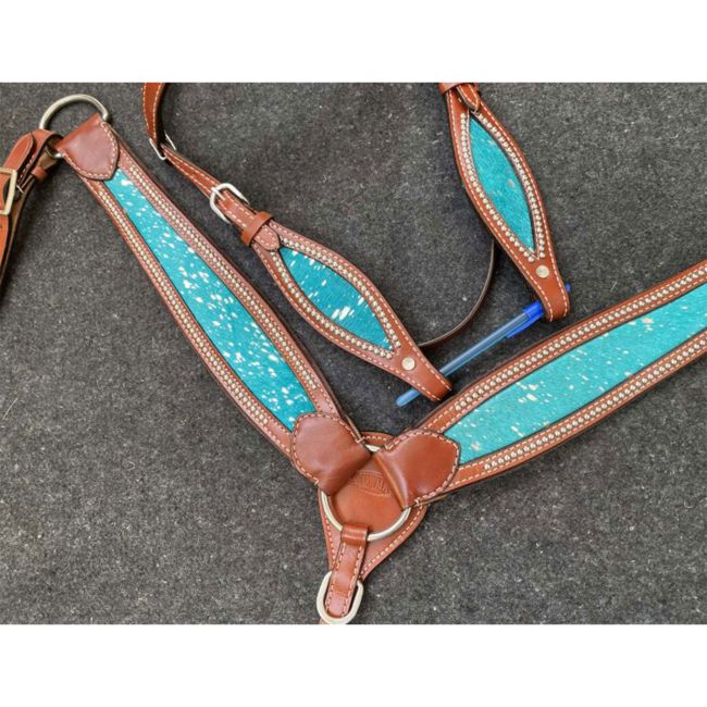 Showman Teal Acid Wash Cowhide Browband Headstall and Breastcollar Set #3