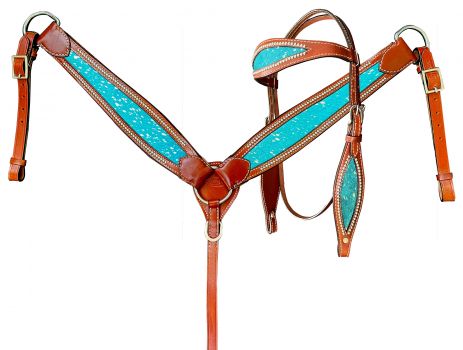 Showman Teal Acid wash Cowhide inlay Browband headstall and breast collar set