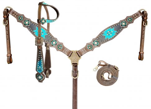 Showman Chocolate Leather One Ear headstall and breast collar set with southwest teal inlay accents and bling conchos