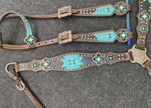 Showman Chocolate Leather One Ear headstall and breast collar set with southwest teal inlay accents and bling conchos #2