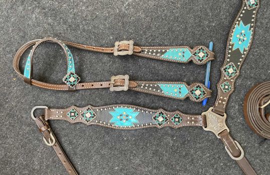 Showman Chocolate Leather One Ear headstall and breast collar set with southwest teal inlay accents and bling conchos #3