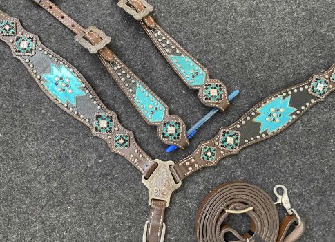 Showman Chocolate Leather One Ear headstall and breast collar set with southwest teal inlay accents and bling conchos #4