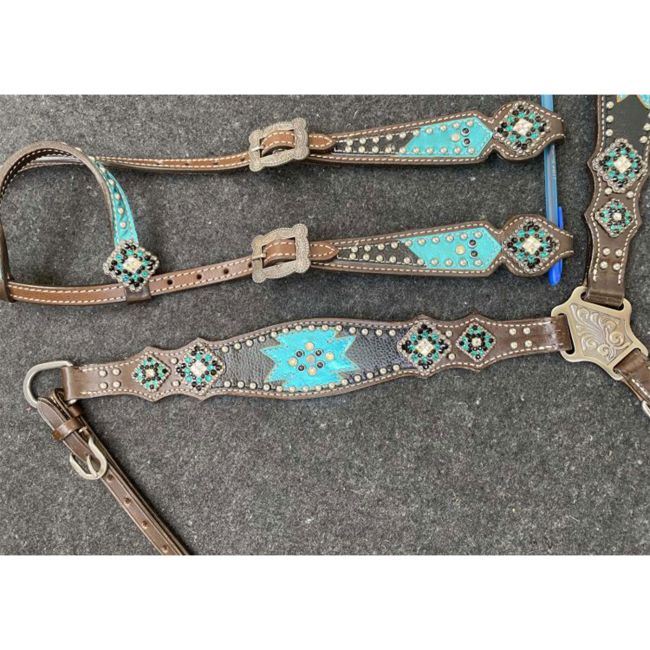 Showman Aztec Blue One Ear Headstall and Breastcollar Set #2