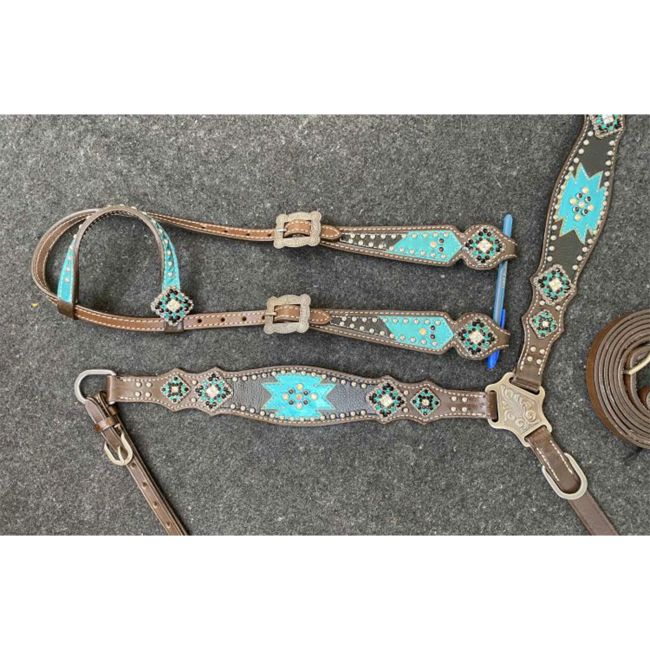 Showman Aztec Blue One Ear Headstall and Breastcollar Set #3