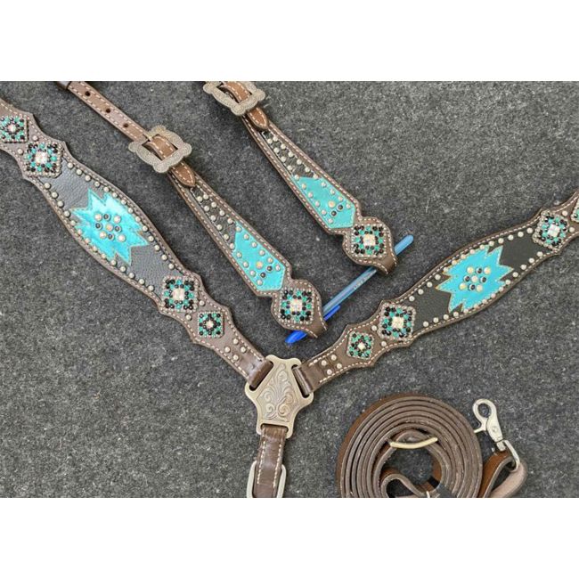 Showman Aztec Blue One Ear Headstall and Breastcollar Set #4