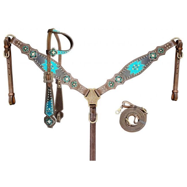 Showman Aztec Blue One Ear Headstall and Breastcollar Set